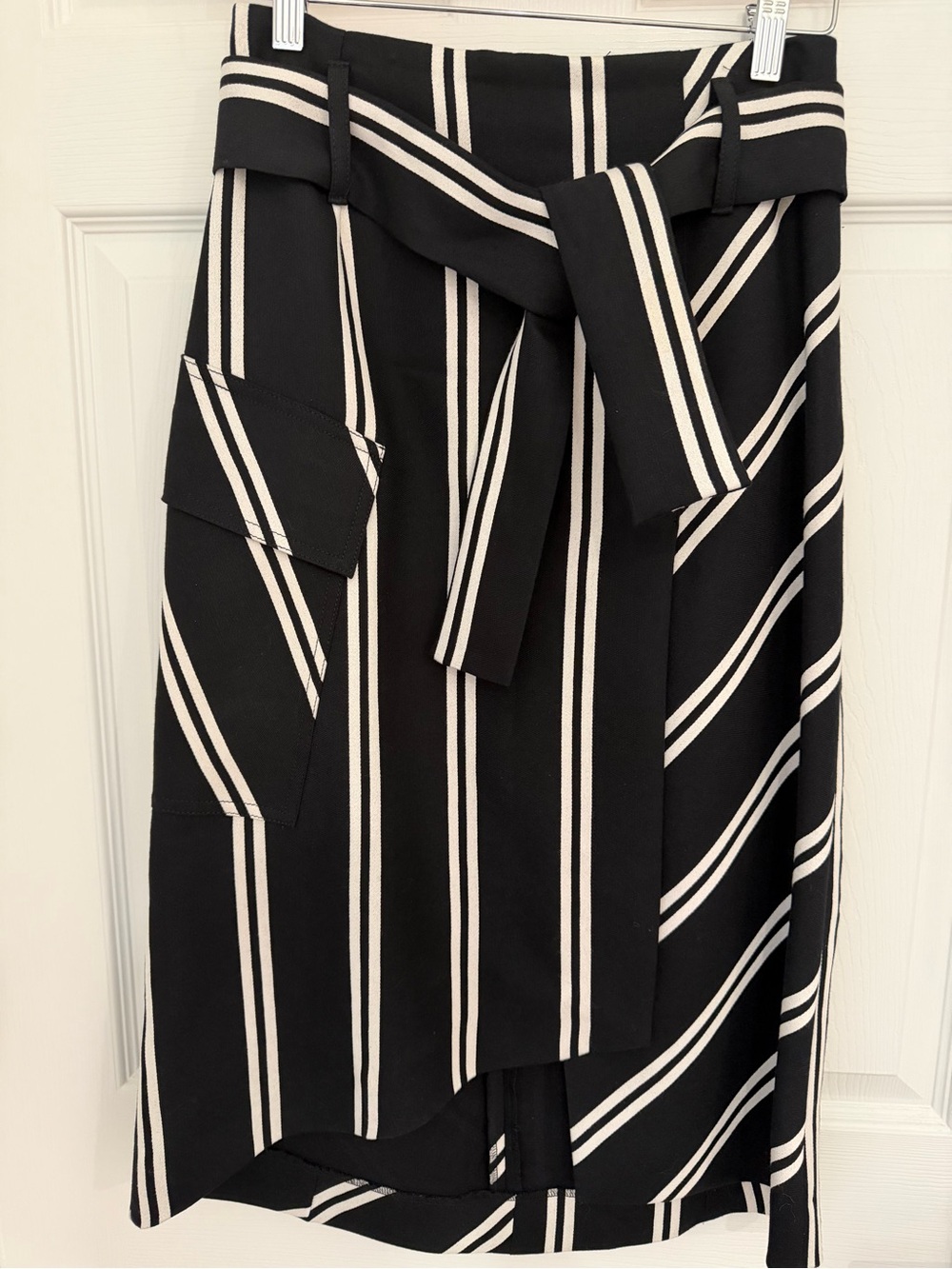 Maje Black and White Striped asymmetrical Skirt with self-tie.